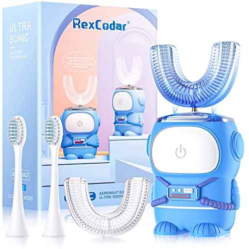 RexCodar Ultrasonic Kid's U-Shaped Electric Toothbrush, IPX7 Waterproof, Five Cleaning Modes, 60S Smart Reminder (Navy Blue, Ages 6-12)