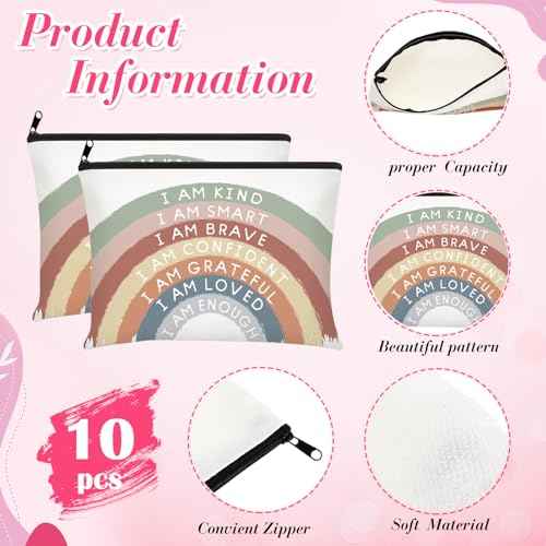 Chunful 10 Pieces Inspirational Canvas Makeup Bags for Women Graduation Gift Rainbow Canvas Cosmetic Bags Bulk with Zipper Friendship Gift Travel Toiletry Pouch(Motivation)