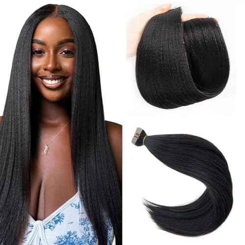 Tape in Hair Extensions Yaki Straight Real Human Hair Tape in Extensions - 24 Inch Long Straight Natural Color Human Hair Extensions Light Yaki Tape ins for Black Women