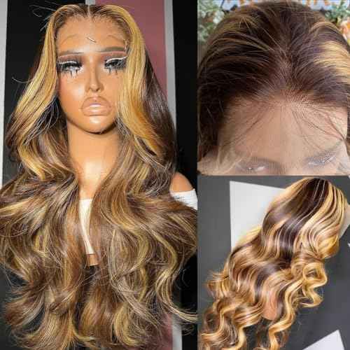 Body Wave Style Highlight Ombre Lace Frontal Wig Human Hair Wigs #4/27 Brown with Honey Blonde Color for Black Women Pre Plucked Hairline 180% Density (24inch, 13x6 Lace Front Wig)