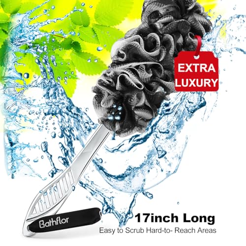 Loofah Sponge Exfoliating Body Scrubber: 4PCS Extra Large 80g Shower Loofahs Poufs, 1PCS Long Handle Loofa Back Scrubber, 1PCS Luffa Hook, Charcoal Loofah Pack for Women Men Bath Wash, Black