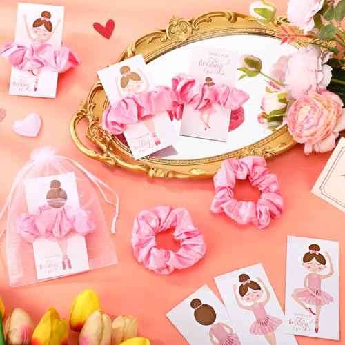 Yinkin 30 Sets Ballerina Party Favors for Girls Hair Scrunchies with Thanks Twirling Cards for Birthday Dance Recital Gifts Ballet Party Favors(Pink)