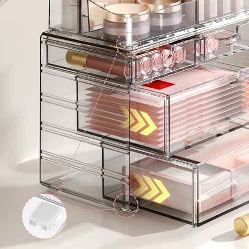 Delamu 4-Tier Clear Makeup Organizer with Drawer, Stackable Acrylic Cosmetic Storage for Bathroom Vanity, Dresser Countertop, Make Up and Jewelry Storage, Beauty Holder for Lipstick Brush Skincare