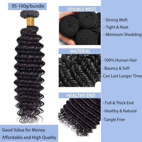 Deep Wave Bundles Human Hair 16 18 20 22 Inch Human Hair Bundles For Women 100% Unprocessed Deep Culy 12A Quick Weave 4 Bundles Deals Natural Color 400G (Deep Wave Bundles, 16182022 Inch)