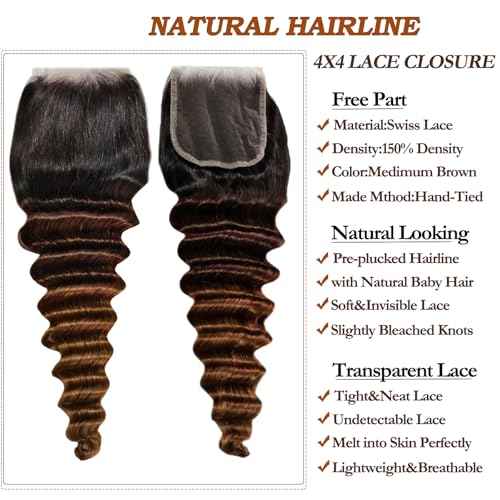 10A Human Hair Bundles With Closure Ombr? Loose deep Wave Bundles (T1B/2/4,14 16 18+14) Ombre Brazilian Raw Human Hair Virgin Remy Loose Wave Hair 3 Tone Black to Brown