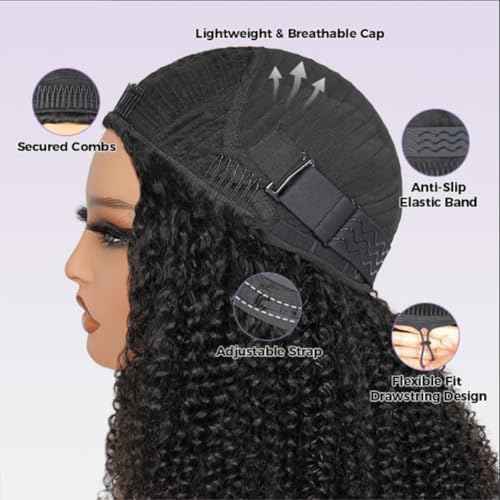 18 inch Curly Half Wig Human Hair for Black Women,Kinky Curly Half Wigs Human Hair ,Seamless Flip Over All Hairstyles In One Headband Wig with Drawstring,Wear and Go Wigs 200% Density Natural Black