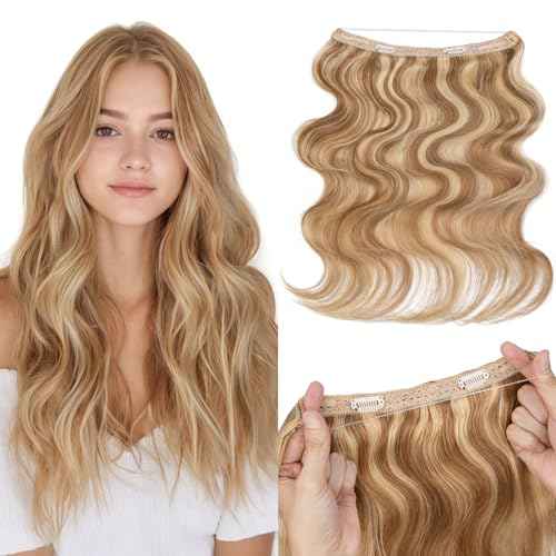 Halo Hair Extensions Real Human Hair, MY-LADY Adjustable Halo Extensions Real Human Hair, 22 inch Golden Brown mix Bleach Blonde Women's Long Wavy Hair Invisible Wire Hair Extensions