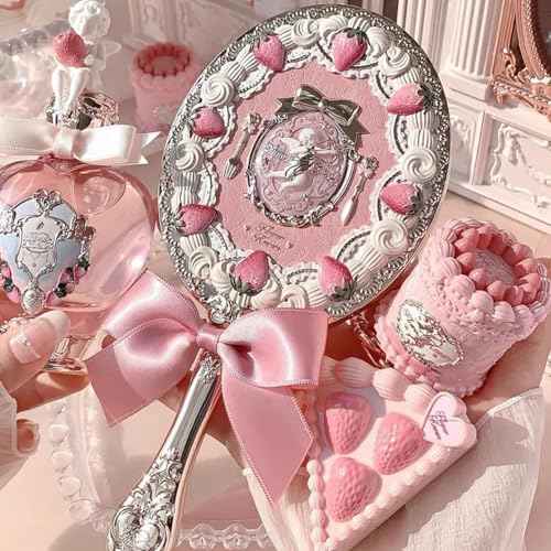 Flower Knows Strawberry Kiss Treasure Set 7 Pieces Makeup Gift Kit,Includes Make-up Palette,Solid Perfume,Lip Cream,Liquid Blush,Hand Mirror,Hair Clip,Powder Puff for Women Girls(Strawberry Treasure)