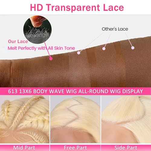 613 Lace Front Wig Human Hair 200 Density 13x6 Body Wave Blonde Wig Human Hair 613 HD Blonde Lace Front Wigs 613 Lace Frontal Wigs Pre Plucked for Women (24 Inch)