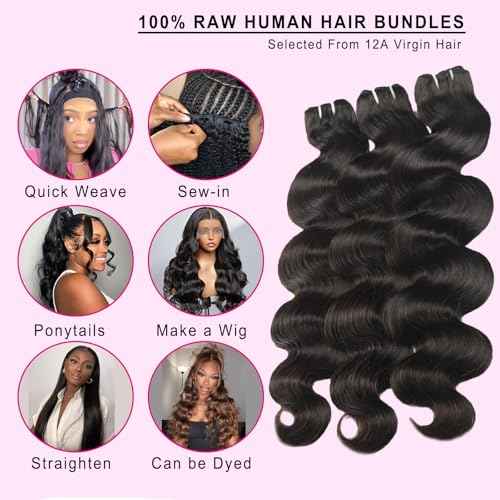 12A Human Hair Bundles 20 22 24 Inch Body Wave Bundles Human Hair 100% Unprocessed Brazilian Virgin Hair Real Human Hair Extensions Natural Black
