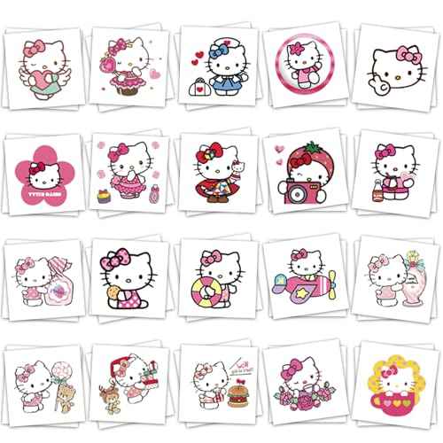 40Sheets Cartoon Hello Kitty Temporary Tattoos Birthday Themed Party Supplies Decoration Favors Cartoon Cute Kitty Sticker for Kids Boys Home Activity Class Prizes Carnival Christmas Rewards (Hell40)