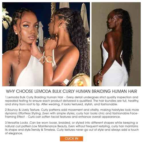 Lemoda Boho Human Braiding Hair Burmese Curly Bulk Human Hair Extensions For Bohemian Knotless Braids No Weft 16 16 16Inch 3Bundles/Lot 100g/1Bundle 1B Natural Black Salon-Quality
