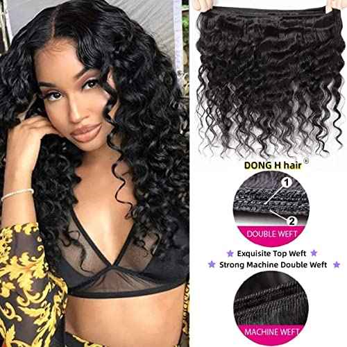 Peruvian Loose Deep Wave Bundles with Closure, (14"16''18"+12Closure)8A Peruvian Virgin Hair Loose Deep Hair Bundles with 4X4 Free Part Top French Lace Closure Natural Black