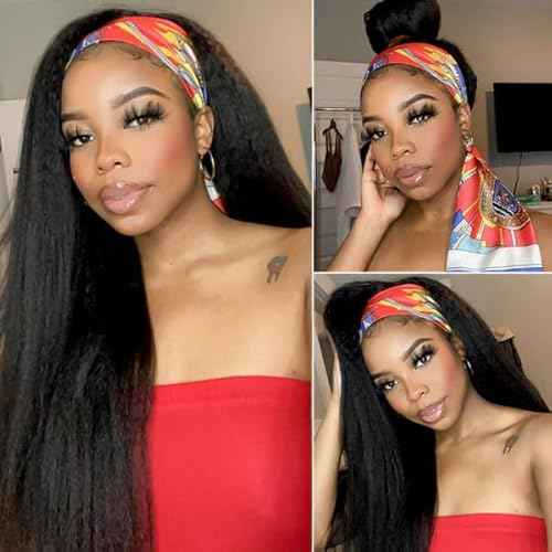 Kinky Straight Headband Wig Human Hair 22 Inch Wigs for Black Women Glueless None Lace Front Straight Human Hair Wig Wear and Go Wigs Machine Made 180% Density Natural Color