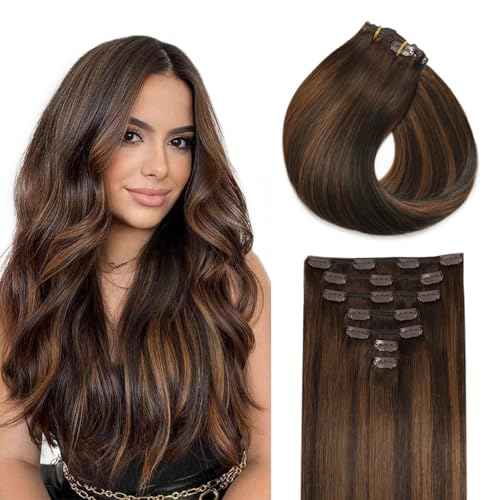 Missme Clip In Hair Extensions Real Human Hair,14in 110g 7pcs Balayage Dark Brown Mixed Chestnut Brown Invisible Straight Seamless Clip Ins Hair Extensions For Women