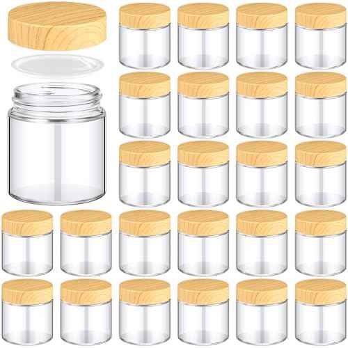 Norme 24 Pcs 4 oz Glass Jars with Lids Empty Small Glass Containers and Inner Liners Reusable Cosmetic Jars Round Airtight Bottles with Plastic Woodgrain Lids for Travel