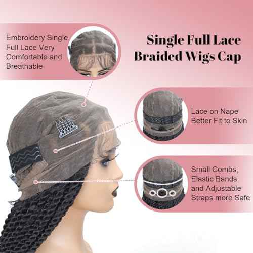 Senegal Twist Wigs, 36 "360¡Æ HD Full Single-layer Lace Two Braid Wigs for Black Women Square Knotless 2 Braid Wig with Baby Hair Handmade Synthetic Hair Blended Lace Front Wig Natural Black