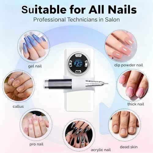 ?Lumcrissy 40000RPM Professional Electric Nail File Kit - Rechargeable Cordless Nail Drill for Acrylics Gel Nails, Portable Efile Machine with 6 Bits for Home Salon Manicure Pedicure Care (White)??