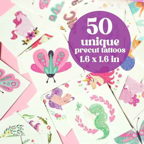 Glitter Unicorn Temporary Tattoos for Girls ? 50 Pre-Cut Sheets + Water Sponge | Easy to Apply & Remove | Non-Toxic, Waterproof, Skin-Safe | Party Favors, Birthday Gifts