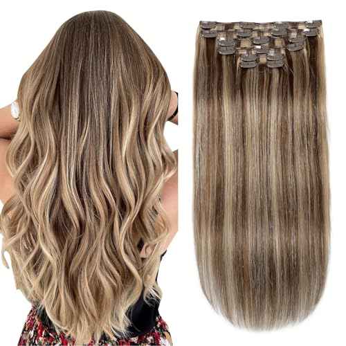 XDhair Clip In Hair Extensions Remy Human Hair 100g 6Pcs Medium Brown #4 Mixed to Caramel Blonde #27 Clip In Real Hair Extensions Silk Stright (#4P27,14Inch)