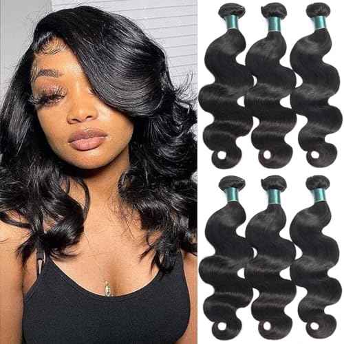 Human Hair Bundles 12 14 16 Inch Body Wave Bundles Human Hair 12A 100% Unprocessed Brazilian Virgin Hair Weave 3 Bundles Natural Black (12 14 16, Body 3Bundles)