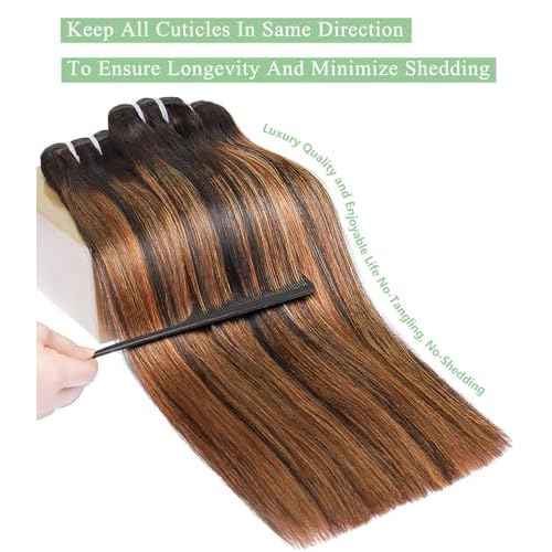 mlip Raw Bundles Human Hair Straight, No Tangle Shedding, Keep Texture Silky Soft After Multiple Washes, 15A Raw Indian Hair Bundles 12 Inches, Brown Highlight Bundles