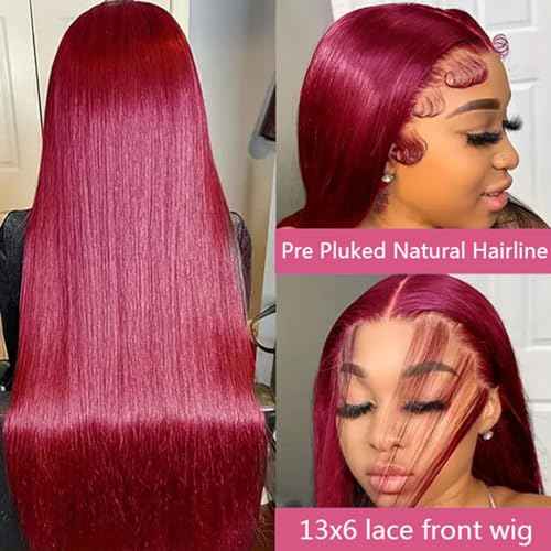 20Inch 99j Burgundy Lace Front Wigs Human Hair 13x6 HD Straight Glueless Lace Frontal Wigs for Women 180% Density Pre Plucked with Baby Hair Wine Red Wigs Human Hair