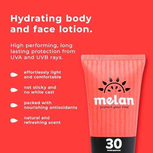 Melan Everyday SPF 30 Sunscreen Lotion, 3.4oz - Lightweight, Broad Spectrum, Vegan, Water & Sweat Resistant, Dermatologist Tested Clean SPF with Rosemary & Basil, PEG & Silicone Free, Made in USA