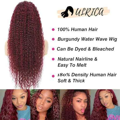 ULRICA Burgundy Wig Human Hair 30Inch Water Wave 99J Burgundy Lace Front Wigs Human Hair Wigs for Women 13x4 HD Lace Front Wigs Human Hair Pre Plucked Wine Red Wigs Burgundy Wig