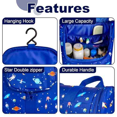 Cute Cartoon Hanging Kids Toiletry Bag Children Travel Cosmetic Makeup Organizer Wash Bag Shower bag Over Night Bag Camping Shaving Kit Bag for Boys & Girls (Astronaut)