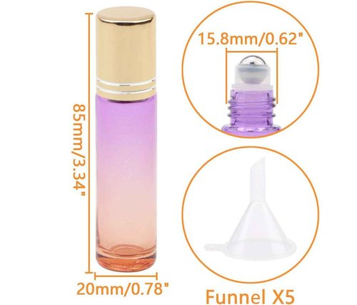 Ellbest 10pcs 10ml Rolling Glass Bottle for Essential Oil Colorful Roller Bottles with Stainless Steel Roller Balls & Funnels for Perfume (Purple Orange Gradient)