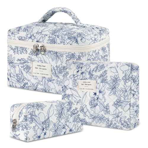 Makeup Bag, 3 Pcs Cotton Floral Quilted Makeup Bag Set, Large Toiletry Travel Cosmetic Bag for Women
