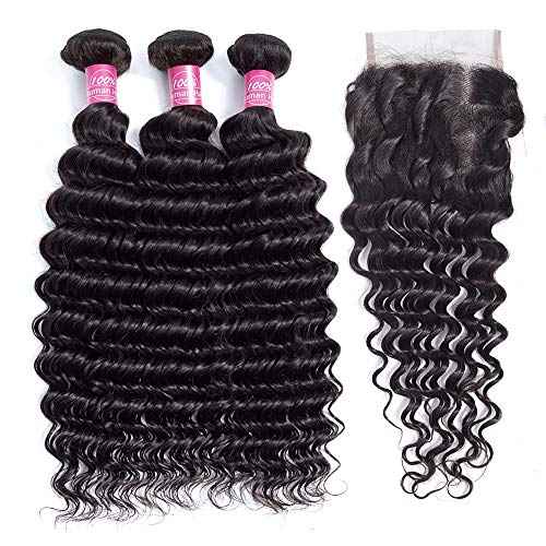 10A Deep Wave Human Hair Bundles with Closure 14 16 18+12 Brazilian Deep Weave Curly Human Hair 3 Bundles with 4x4 Lace Closure Remy Unprocessed Virgin Human Hair Bundle Natural Color