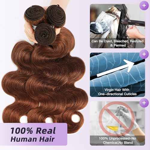 Light Reddish Brown Bundles Human Hair Body Wave 12 14 16 Inch, Color 30 Copper Brown Thick Raw Virgin 3 Bundles 12A 100% Brazilian Human Hair Wavy Loose Wave Quick Sew In Weave #30
