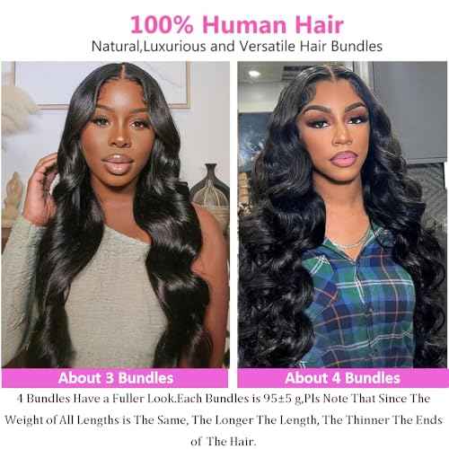 MsSunlight 12A Human Hair Bundles 16 18 20 22 Inch Body Wave Bundles Human Hair 100% Unprocessed Brazilian Virgin Hair 4 Bundles Deals Human Hair Extensions Quick Weave Natural Black