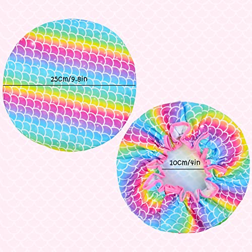 Shower Cap for Kids, 3 Pcs Kids Shower Caps for Girls, Cute Rainbow Hair Cap Wide Elastic Band, Plastic Reusable Waterproof Toddler Shower Cap, Large Bath Cap for Kids Girls Women (Mermaid)