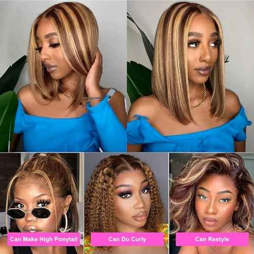 5x5 Bob Lace Closure Wig Human Hair Highlights 4/27 ombre honey blonde Wear and Go Glueless bob Wig 16 Inch 200 Density Pre Plucked With Baby Hair Hd Transparent Lace Ombre Blonde Color Wig