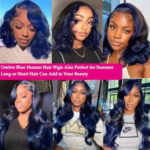 YMS Ombre Blue Lace Front Wigs Human Hair 180% Density Highlight Royal Blue Glueless Wig Pre Plucked with Baby Hair 14 Inch Body Wave Skunk Stripe Real Hair Lace Frontal Wigs for Women