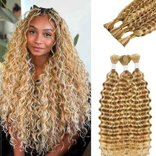 Boho Braids Blonde Human Braiding Hair Deep Water Wave Bulk Human Hair 100g 24 Inch Curly for Boho Braids Hair Extensions No Weft 2 Bundles/Pack for Women Ombre Honey Blonde to Bleached Blonde