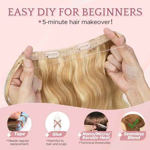 SEGO Halo Hair Extensions, Wavy Adjustable Invisible Wire Extensions, Real Human Hair, 2 Clips for Women Transparent Fish Line Extensions, Add Length Volume, 16 inches, Gold Blonde Mixed Bleach Blonde