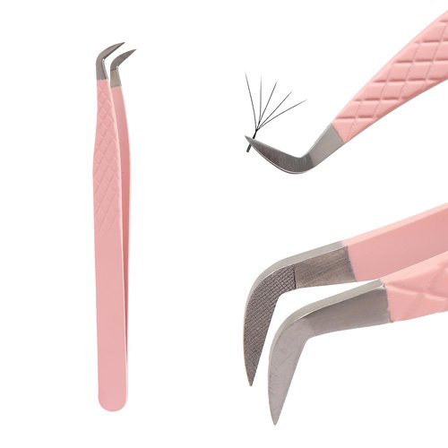 Lash Tweezers For Eyelash Extensions Fiber Tip Lash Tweezers Pink Straight/Curved Tweezer(Pink,X07)