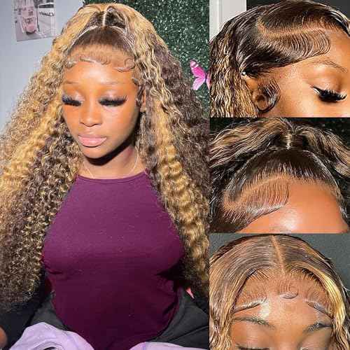 13x6 Highlight Deep Wave Lace Front Wigs Human Hair Ombre 4/27 Curly HD Lace Frontal Wig for Women 180% Density Pre Plucked Glueless Honey Blonde Wig 18 Inch