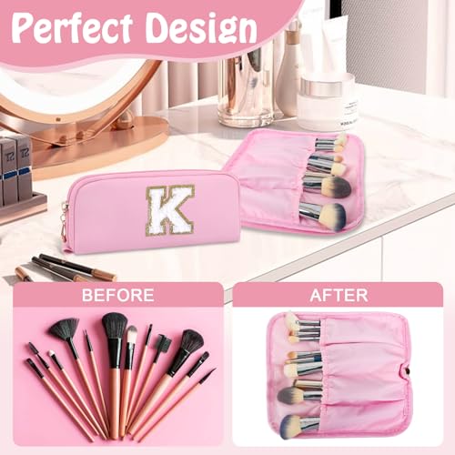 2 Pcs Makeup Bag Personalized Gifts Initial Cosmetic Bag with Small Makeup Brush Bag, Pink Cute Preppy Travel Toiletry Zipper Pouch,Waterproof PU Makeup Organizer Christmas Gifts for Women(Letter K)