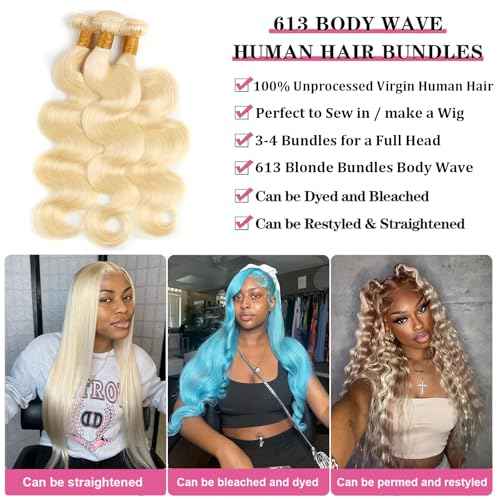 613 Blonde Body Wave Human Hair Bundles - 100% Unprocessed Virgin, 22 inch Weave Extensions