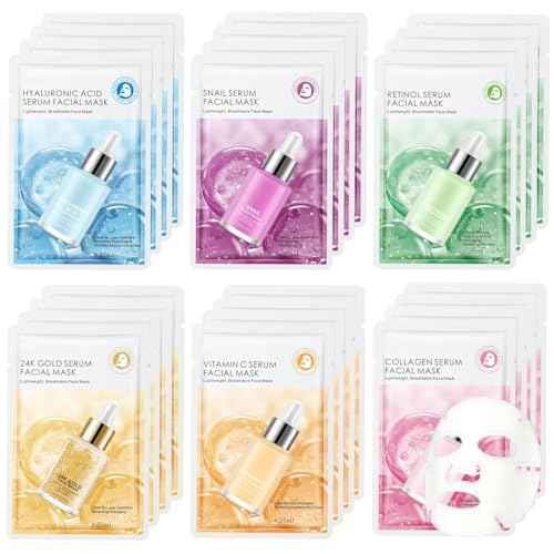 24 Pack Serum Sheet Masks,Facial Masks Skincare for Women,Hydrating & Moisturizing Face Masks for All Skin Types,Smooth,Nourishing,Lightweight