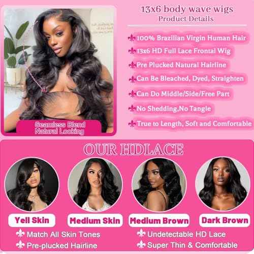 28 Inch 13x6 Lace Front Wigs Human Hair Pre Plucked, Real 10A 180% Density Body Wave HD Transparent Lace Frontal Wigs with Baby Hair for Women, Glueless Wig, Natural Black