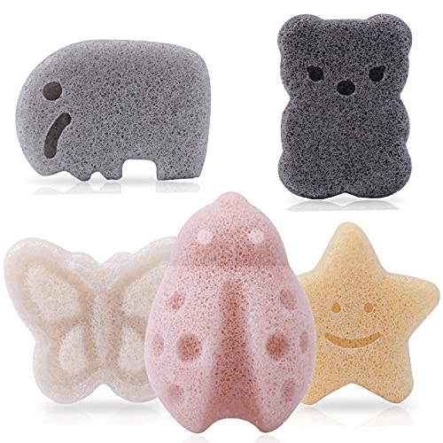 KECUCO Konjac Baby Sponge for Bathing, Kids Bath Sponges for Infants, Toddler Bath Time, Cute Shapes and Safe Plant-Based Konjac Baby Bath Accessories, 5pcs