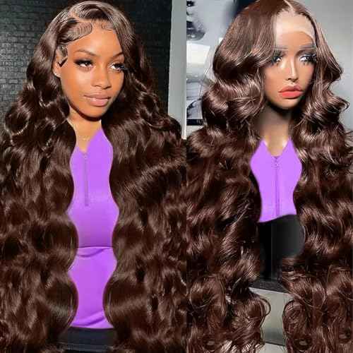 13x6 Chocolate Brown Lace Front Wig Human Hair HD Transparent Body Wave Lace Front Wigs Human Hair Pre Plucked 200% Density Glueless Frontal Brown Wig Human Hair 28 Inch