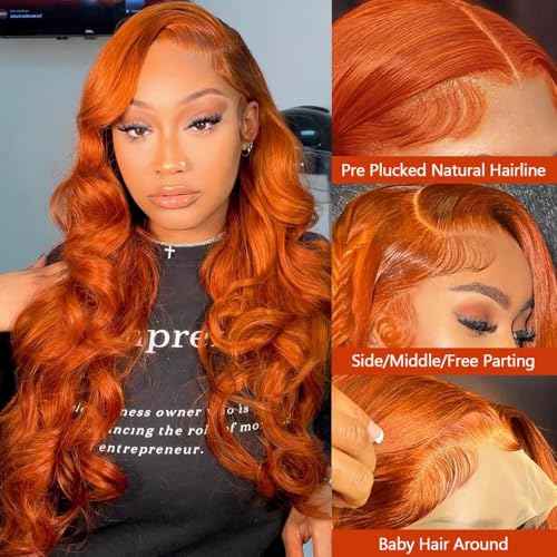 Ginger Wigs Human Hair Body Wave Lace Front Human Hair Wig Pre Plucked 13x6 HD Lace Front Wigs 350# Ginger Orange Colored Lace Frontal Wig Glueless 24 Inch
