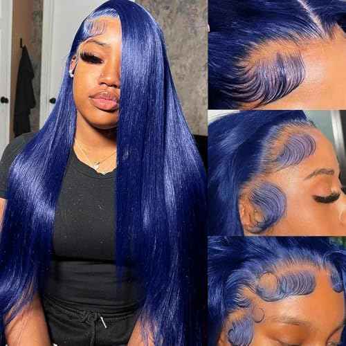 30 Inch Dark Blue Lace Front Wigs Human Hair Straight Royal Blue 13x4 HD Lace Frontal Wig Wear and Go Glueless Navy Blue Wigs Human Hair Pre Plucked With Natural Hairline Long Wig For Black Women